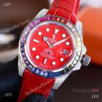 Top Replica Rolex Submariner Rainbow Bezel Red Leather Diamond Watch